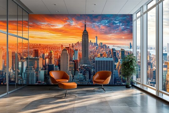 Fototapeta Vibrant skyline of New York City during sunset seen from a modern office interior with cozy furniture