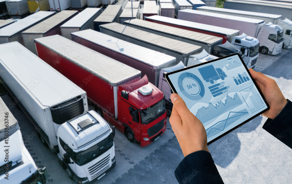 Poster manager with a digital tablet on the background of trucks. fleet management.