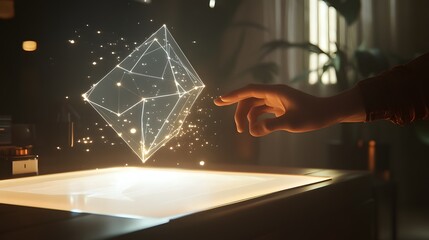 A person's hand interacts with a holographic geometric shape on a high-tech surface. The image evokes innovation, connectivity, and futuristic technology, perfect for visualizing advanced concepts.