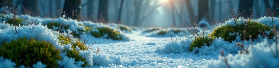 Iridescent ice, emerald moss, stark winter scene, minimalist forest , forest, green, background