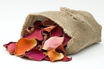Dried rose petals spill from burlap pouch