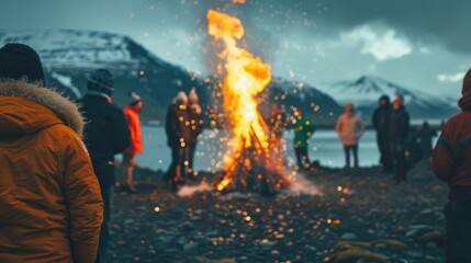A group of diverse people celebrating Iceland Independence Day around a large bonfire. Snow-capped mountains and a lake are visible in the background. The atmosphere is festive and lively