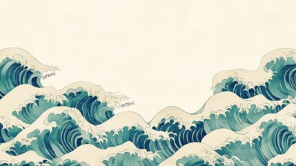Fototapeta premium Ocean waves, muted teal, cream background