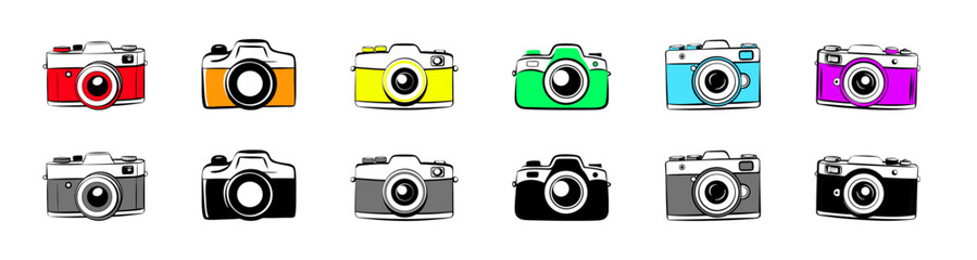 Camera icon collection in vibrant colors and monochrome in eye-catching design for travel and photography concept	