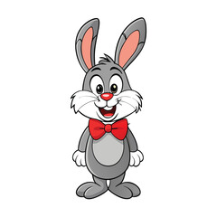 Obraz premium Cheerful gray rabbit with a red bow tie stands smiling on a white backdrop