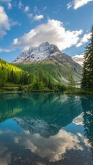 Serene Mountain Lake Reflection with Snow Capped Peaks and Lush Green Forest