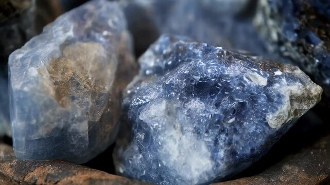 Collection of rough, natural blue celestite mineral stones in rustic brown stone bowl, close-up for geology, crystal healing, and decorative design.