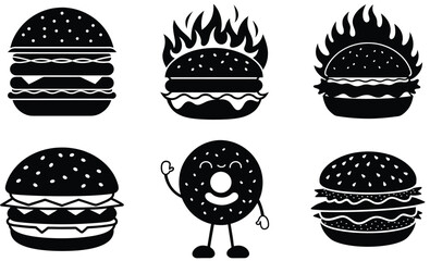 Black and white burger illustrations depicting various styles and expressions on white background.