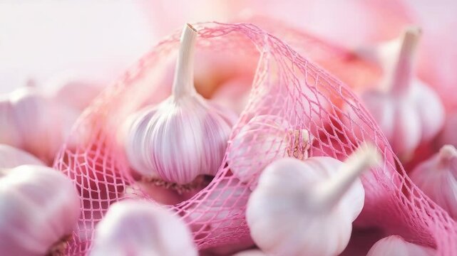 Close-up of garlic bulbs in a pink net. Soft, pastel colors.