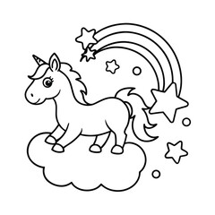 cute unicorn on clouds with rainbow and stars coloring page