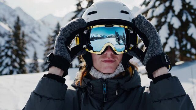 Adventurous woman prepares for snowy mountain adventure with ski gear in winter wonderland