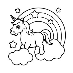 cute unicorn on clouds with rainbow and stars coloring page