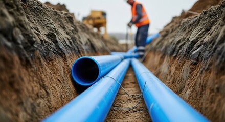 Blue pipes installation in a trench symbolizing infrastructure development and utility project