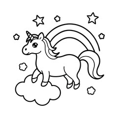 cute unicorn on clouds with rainbow and stars coloring page
