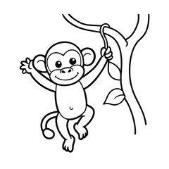 happy monkey swinging on tree branch coloring page