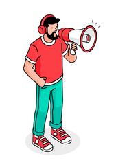 Announcer Guy, Man with Headphones Shouting Announcement Using a Megaphone Loudspeaker