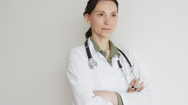 Female medical professional in white lab coat, stethoscope draped, standing with crossed arms and displaying confident, authoritative healthcare demeanor. Medicine and health care