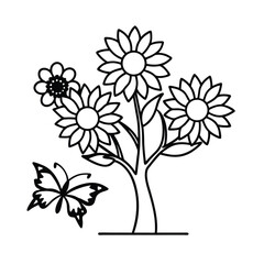 simple coloring page tree sunflowers butterflies