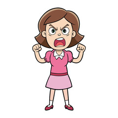 Fototapeta premium Furious cartoon girl shouts, clenching her fists in a pink dress, looking intensely angry