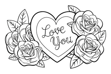 Fototapeta premium Heart Shaped Love You Design with Roses and Leaves