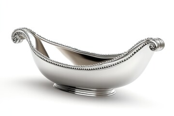 Silver serving dish with ornate handles and beaded trim