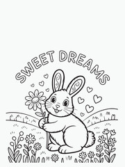 Happy Bunny Holding a Flower with Hearts Coloring Page
