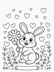 Happy Bunny Holding a Flower with Hearts Coloring Page