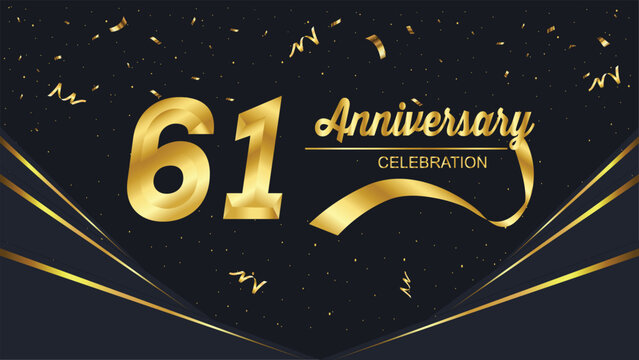 A luxurious 61th anniversary celebration design featuring bold golden typography, ribbons, and shimmering confetti on a sleek black background for a festive, elegant occasion.