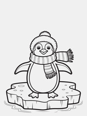 Happy Penguin Wearing a Winter Scarf Standing on Ice Coloring Page