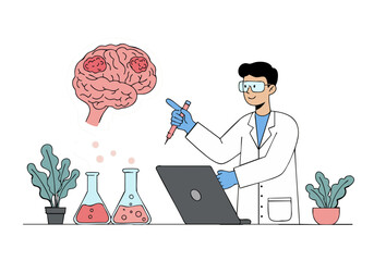 A scientist researches brain health with a laptop and lab equipment. Modern, clean illustration style. Focus on innovation and discovery.