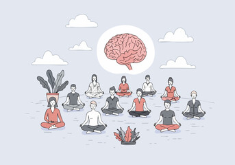 serene illustration depicts diverse individuals meditating outdoors under a stylized brain Soft colors and a calming atmosphere promote health and wellness Ideal for health and mindfulness campaigns