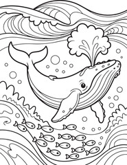 Happy Whale Spouting Water with Ocean Waves Coloring Page