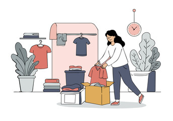 A woman organizes a charity clothing wardrobe, showcasing donated garments. Bright, inviting scene with a focus on giving and community. Clean, modern illustration.