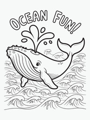 Happy Whale Spouting Water with Ocean Waves Coloring Page
