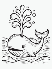 Happy Whale Spouting Water with Ocean Waves Coloring Page