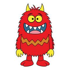 Fototapeta premium Happy cartoon red monster with yellow horns showcases his big blue teeth and smile