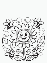 Simple Smiling Flower with Leaves and Bees Coloring Page
