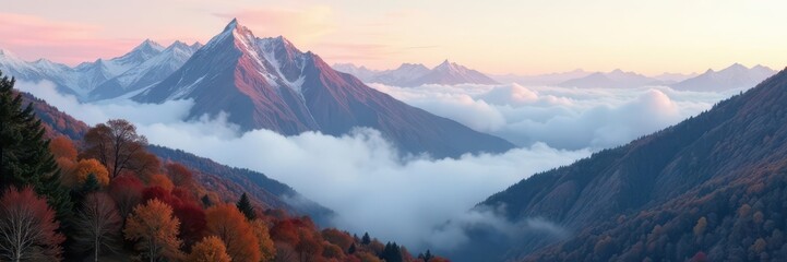 Fototapeta premium Misty autumn mountain peaks shrouded in low clouds , texture, peak, mountains