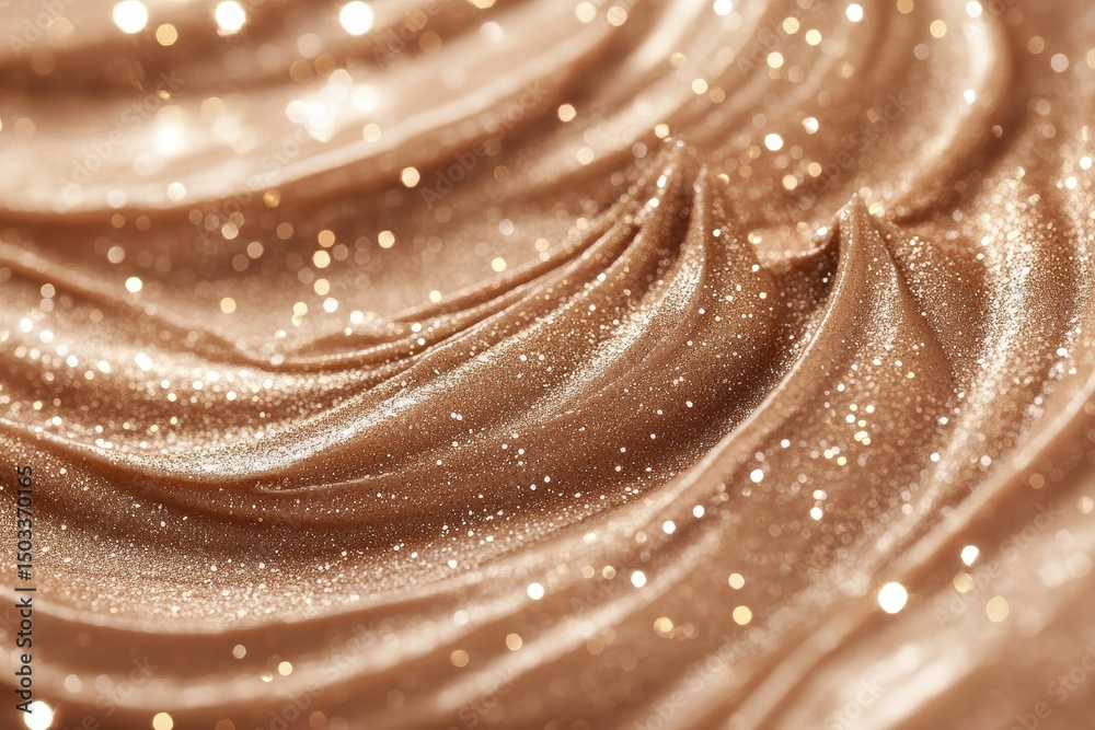 Poster glistening bronze cream swirls with shimmering particles illuminated in soft light, showcasing a lux