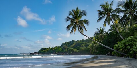 A scenic view of a tropical beach with palm trees and gentle waves under a bright blue sky landscape