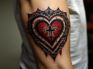 A bold heart-shaped tattoo with intricate black and red patterns and a cross design, inked on an upper arm.