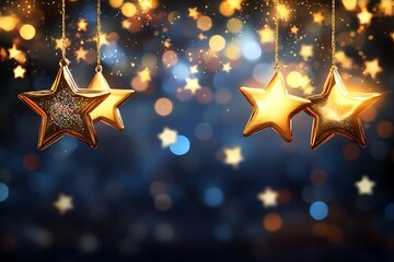 Golden stars illuminated by bokeh lights creating a festive and magical atmosphere for celebrations and holidays