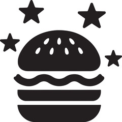 Silhouette vector of a burger with stars, celebration style design perfect for festive food branding, promotions, restaurant logos, and party menus.