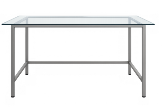 Clean and modern glass desk with metal frame, perfect for a contemporary workspace, isolated on a transparent background - Powered by Adobe
