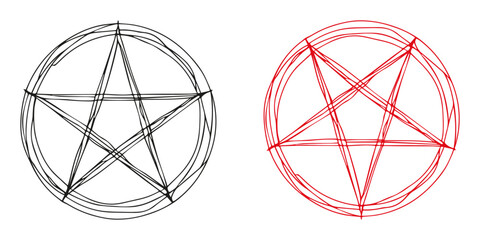Obraz premium Set of handwritten style pentagrams. Black pentacle, reversed pentagram, magic occult symbols, vector design isolated on a white or transparent background.