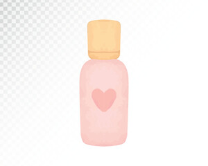 Watercolor illustration of a pink bottle with a heart design. Ideal for skincare, bath time, or bedtime theme visuals