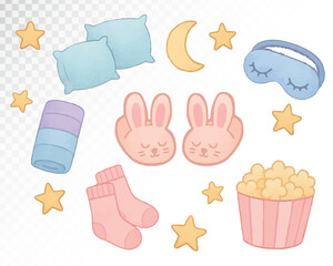 Watercolor illustration of sleepover essentials: bunny ear slippers, socks, eye mask, pillow, popcorn, and stars. Cute pastel style