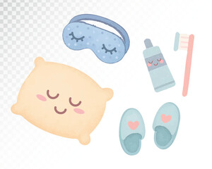 Watercolor illustration of a yellow pillow, sleep mask, slippers, and toothbrush with toothpaste. Perfect for bedtime or night routine visuals