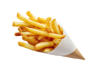 Crispy golden fries served in a cone for snacking enjoyment on a transparent background, cut out