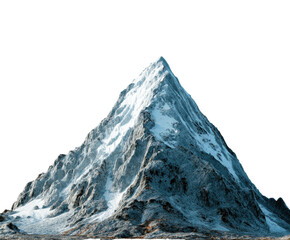 Snowy mountain peak in rocky terrain for exploration on a transparent background, cut out